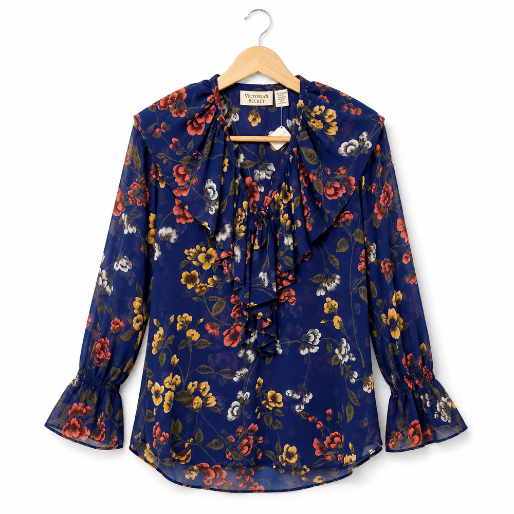 Vintage Victorias Secret Gold Label Blouse Womens Size PS Blue Floral Print NWT